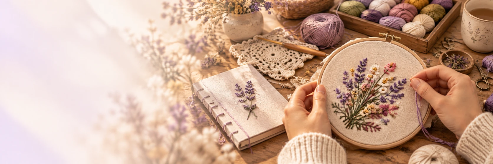 Materiales de bordado y crochet sobre una mesa de trabajo